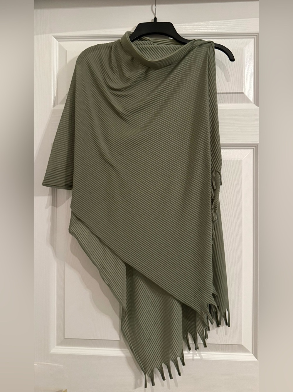 New women’s trendy Mock Neck Fringe Poncho Shawl with one side open shoulder.